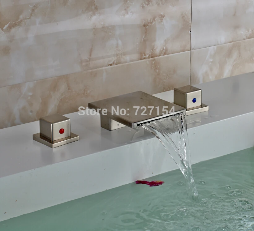

Dual Square Handles Basin Faucet Waterfall Spout Sink Mixer Tap Nickel Brushed