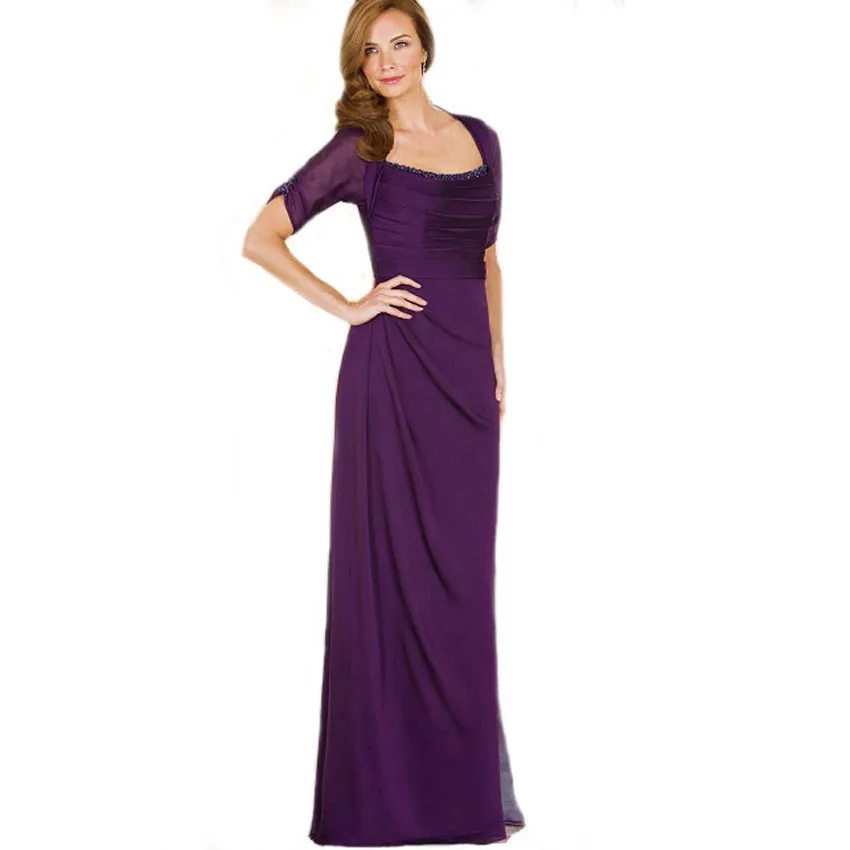 

Sparking Beading Crystal Boat Neck A Line Long Sleeve Purple Mother of the Bride Dresses Plus Size M8403