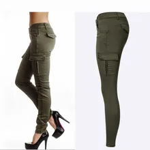 Hot Sexy Styles Mid Waist Elasticity Women Stretch Pencil Jeans Fashion Double Side Pockets Army Green