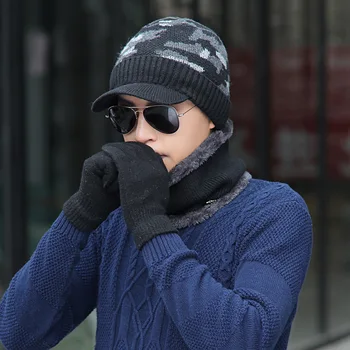 

Kagenmo Fashion Cap Scarf Gloves Winter Warm Set Male Knit Cotton Fluff Cap And Scarf Thermal Gloves