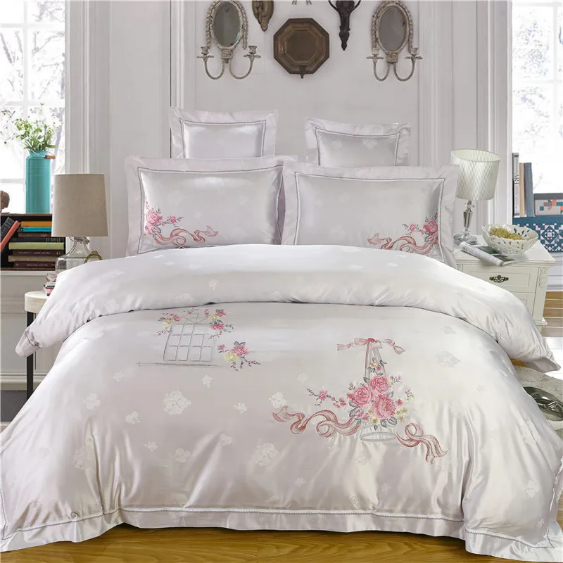 White Pink Red Tencel Embroidery Cotton Silk Bedding Set Luxury White Pink Red Tencel Embroidery Cotton Silk Bedding Set Luxury Satin Duvet Cover King Queen Bedclothes Bed Linen 16 Design 4 6p In Sets From Home