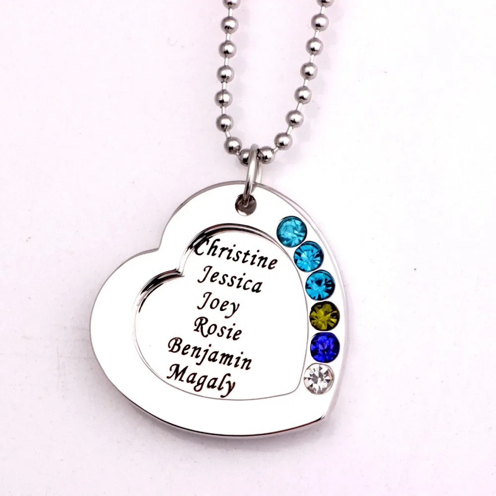 Image Family Heart Pendant Necklace with Birthstones 2016 Birthstones Long Necklaces Jewelry Custom Made Any Name YP2545