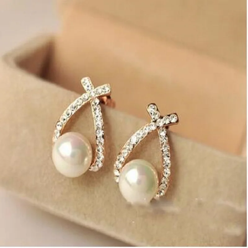 Женские серьги гвоздики с жемчугом золотистые кристаллами 2017|crystal stud earrings|fashion