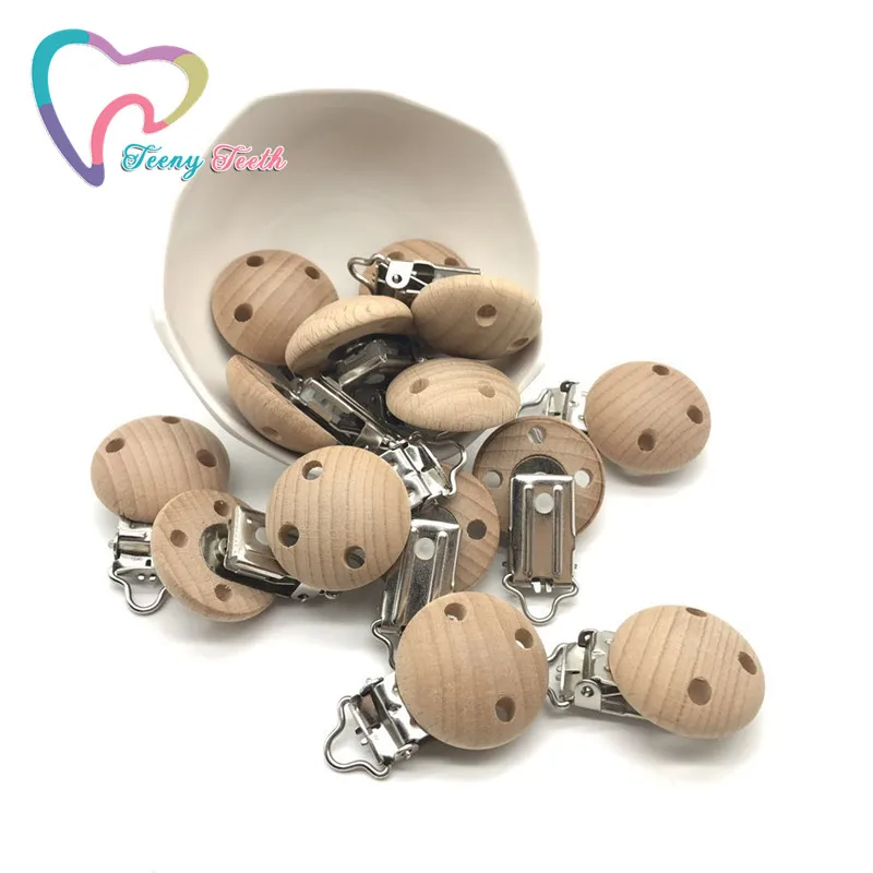 

Teeny Teeth 10 pcs Pacifier Clips Round Natural Color Beech Wood Baby Holder Teether Teething Universal Clip Wood Dummy Cilp