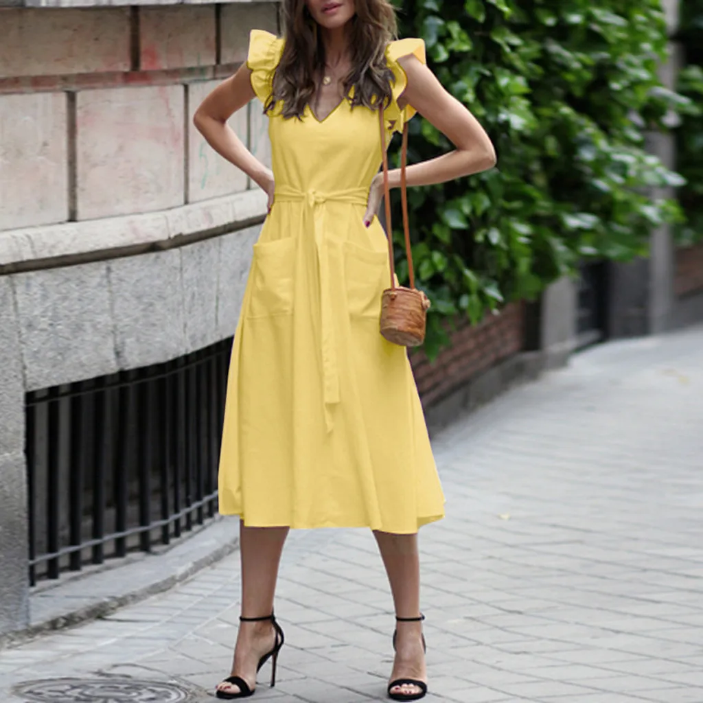 

Summer Fashion Ruffled Solid Dress Bandage Sexy V-Neck Swing Dress Sundress Women'S Casual Beach Party Dress Vestido de fest