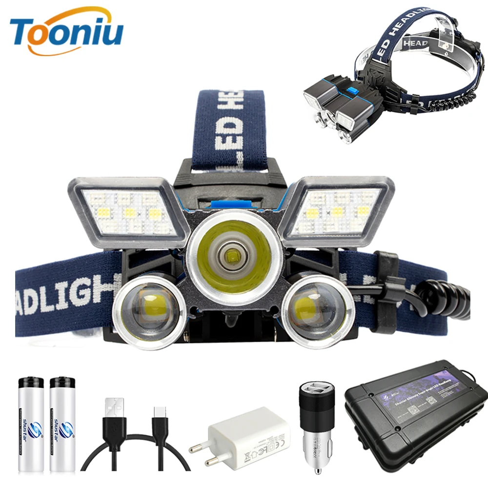 

Super bright 30000 LM LED Headlamp with red and blue warning lights 21 lamp beads Waterproof LED Headlight For fishing hunting
