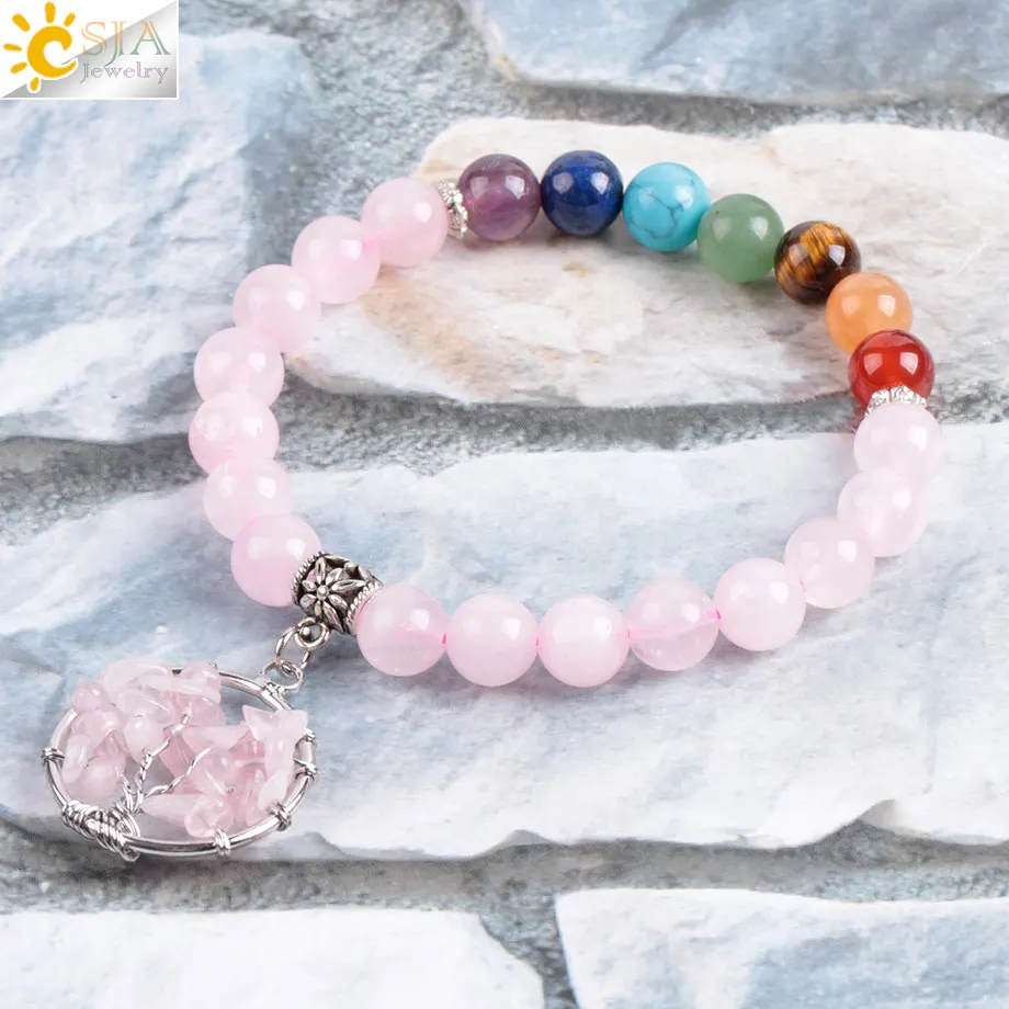 7 Чакра розовый кварц Древо жизни браслеты и браслеты для женщин драгоценное украшение из природного камня браслет Мала Бусы медитация Исцеление E910