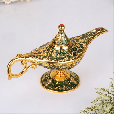 ERMAKOVA Colorful Large Metal Magic Genie Lamp Incense Burner Vintage Rare Legend Oil Lamp Home Office Decoration Gift - Цвет: Green