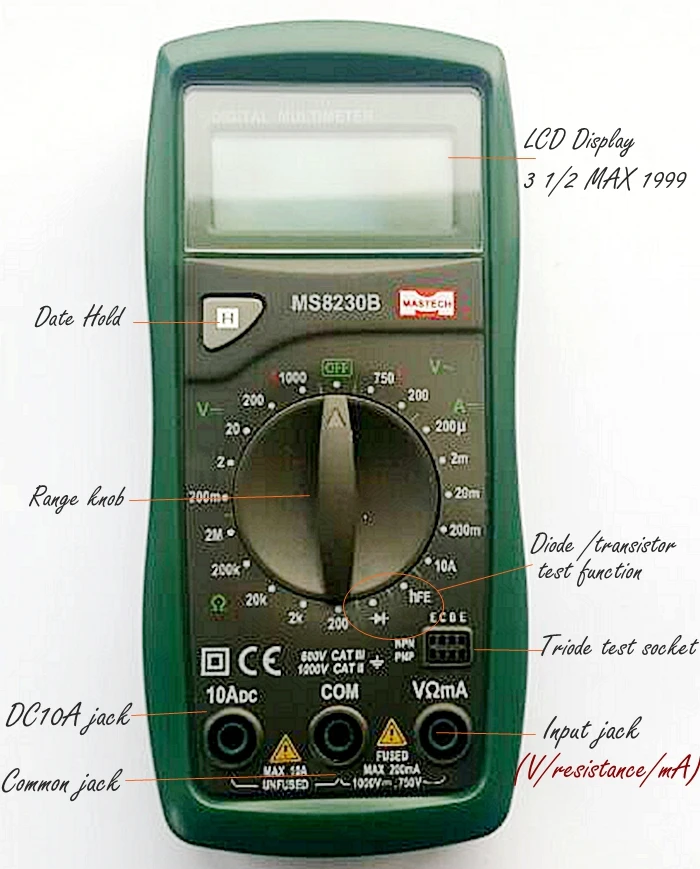 MASTECH MS-8230B цифровой мультиметр, практичный цифровой мультиметр, ACV/DCV/DCA/HFE/Тест сопротивления