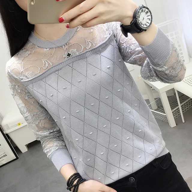 Best Price Autumn 2018 Womens Tops and Blouses Long Sleeve Knitted Lace Patchwork Blouse Women Shirts Ladies Tops Casual Blusa Feminina