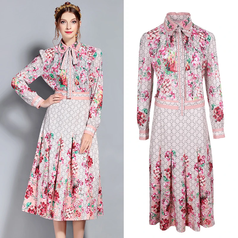 

S-3XL high quality 2019 brand new fashion printing handmade beaded long-sleeved Slim temperament bow women's suit dres