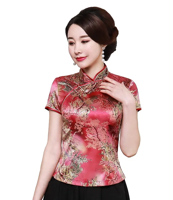 Шанхай история цветочный Cheongsam рубашка Qipao топ с коротким рукавом Китайский традиционный топ из искусственного шелка китайская блузка для женщин - Цвет: A0010A