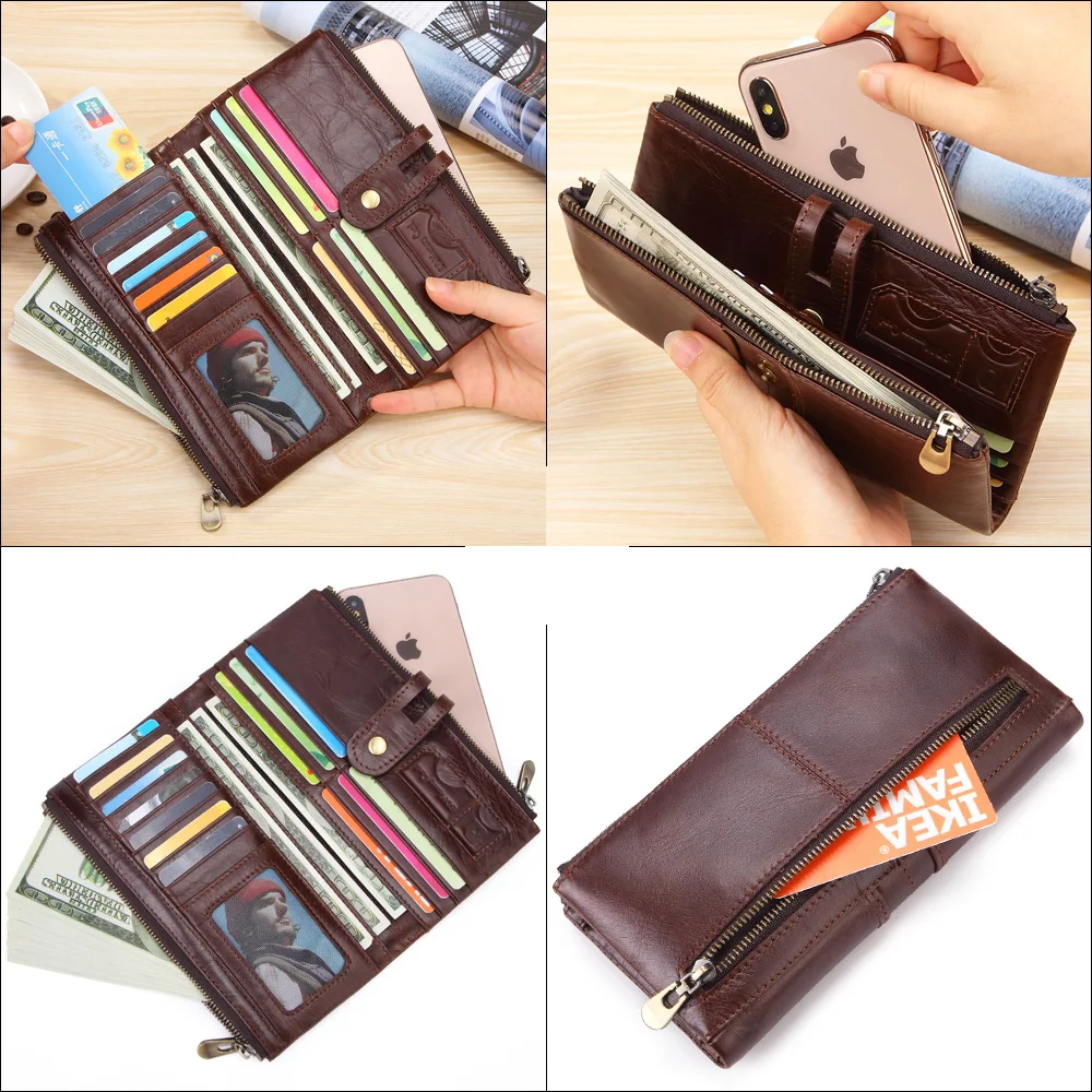 MISFITS new vintage men long wallet genuine leather male purse clutch wallet for phone high quality card holder zipper money bag