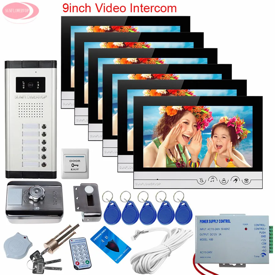 For 6 Apartments Electronic Doorman With Camera 9inch Video Door Phone Intercom System + Rfid Unlock Electronic Lock System Unit