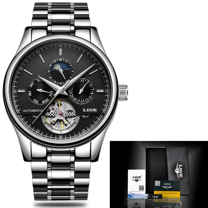 Мужские часы LIGE фирменные роскошные механические Tourbillon модные деловые с