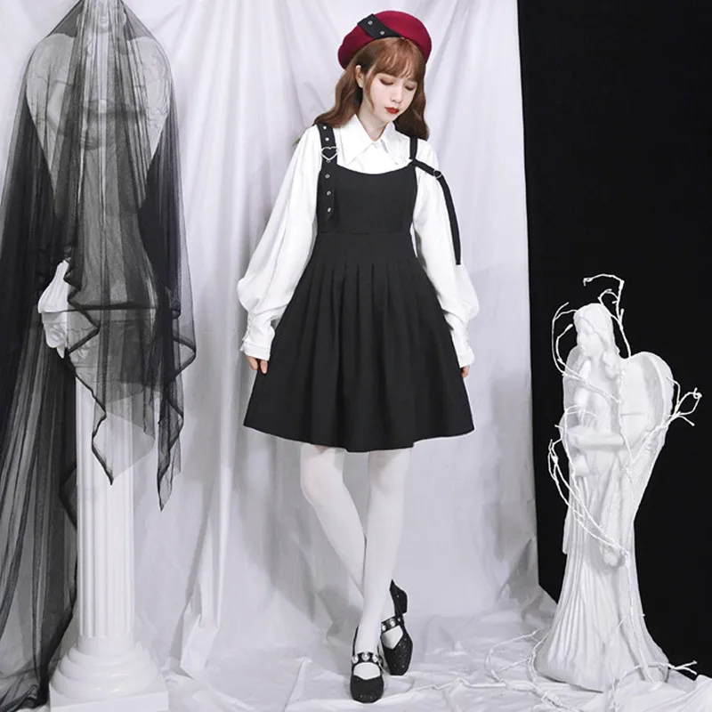 Женское японское темное черное платье без рукавов, винтажное стильное милое Плиссированное Платье для молодых девушек
