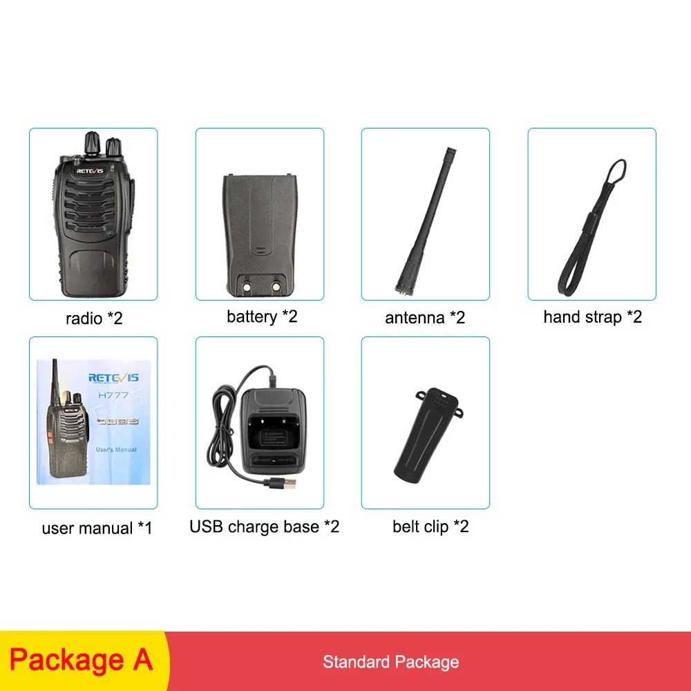Package A 2 шт. RETEVIS H777 Walkie Talkie 3 Вт УВЧ двухсторонняя радиостанция приемопередатчик двухстороннее радио-коммуникатор зарядка через usb рация - Цвет: Package A