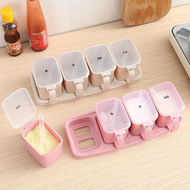 

1Set Seasoning Box Condiment Storage Container Rack Spice Jar 4 Cells With Spoon 30*11*8cm