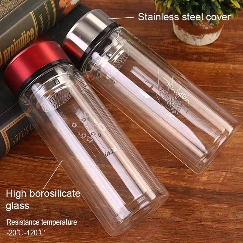 Skup BORREY 300ML trwałe szkło butelka wody podwójna ściana szklana butelka na herbatę z zaparzacz do herbaty szkło biurowe butelka wody Bpa za darmo