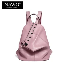 NAWO Moda Mochila de Cuero Genuino Del Remache de Las Mujeres Bolsos de Estilo Preppy Niñas Mochila Mochilas escolares Cremallera mujeres de Gran Mochila sac