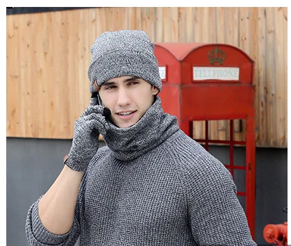 Новая мода зима утолщение теплый человек вязаные шапки наборы шарфов из 3 частей перчатки шляпа и шарф