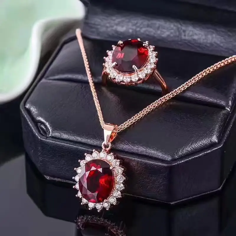 

LANZYO 925 sterling silver natuarl garnet Jewelry Sets Fine Jewelry Ring Necklace Pendant Earring Women Bridal tz101201ags