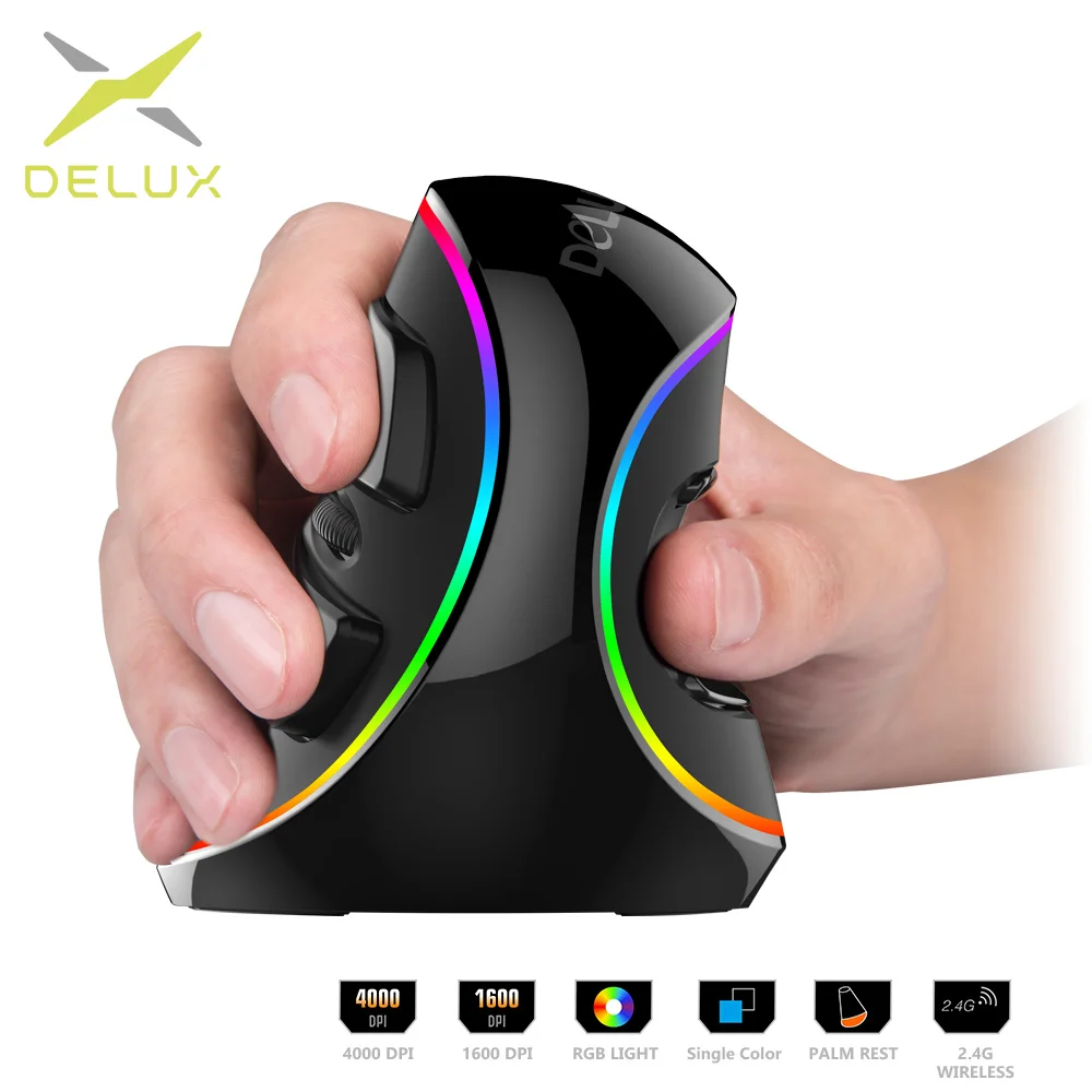 Offerte Delux M618 PI Ugrave; Ergonomia Verticale Gaming Mouse Metallico 6 Bottoni 4000 DPI Ottico Senza Fili di RGB Mano Destra Mouse Per PC del computer portatile