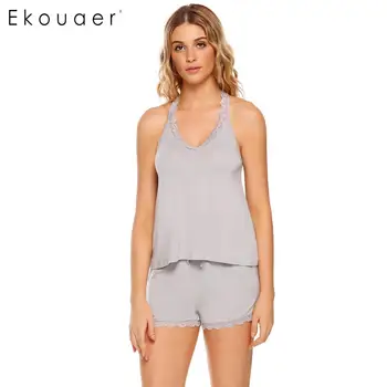

Ekouaer Sexy Pajamas Set Women Nightwear Lace Trim Sleeveless V-Neck Tops Elastic And Shorts Pajama Sets Female Home Clothing