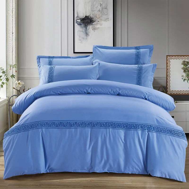 

Egyptian cotton Embroidered Red, yellow, grey, blue Pure color Bedding Sets Bed Sheet Queen King size 4pcs