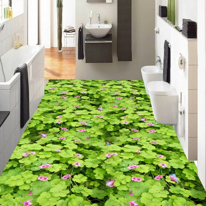 

Free Shipping custom Grassland Flowers 3D floor decoration painting mall hall bathroom flooring Self-adhesive wallpaper mural