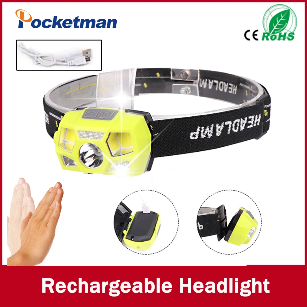

4000LM Mini Rechargeable Built-in battery LED HeadLamp Body Motion Sensor LED Head Light Lamp Flashlight With USB Cable