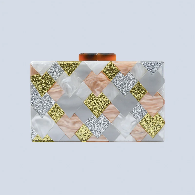 

Small Square Woman Wrapped Gold Powder Sequin Stitching Geometric Pattern Acrylic Dinner Shoulder Bags Model Bridesmaid Hand Bag