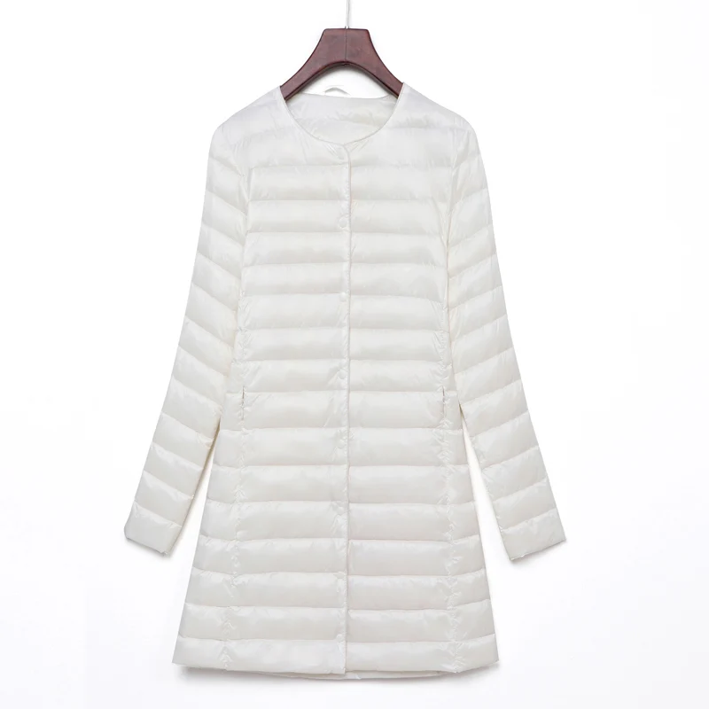M-4XL, новая женская длинная белая куртка на утином пуху, Женская Ультралегкая куртка с круглым вырезом, Тонкая Повседневная пуховая куртка, мягкая ветрозащитная теплая верхняя одежда с подкладкой