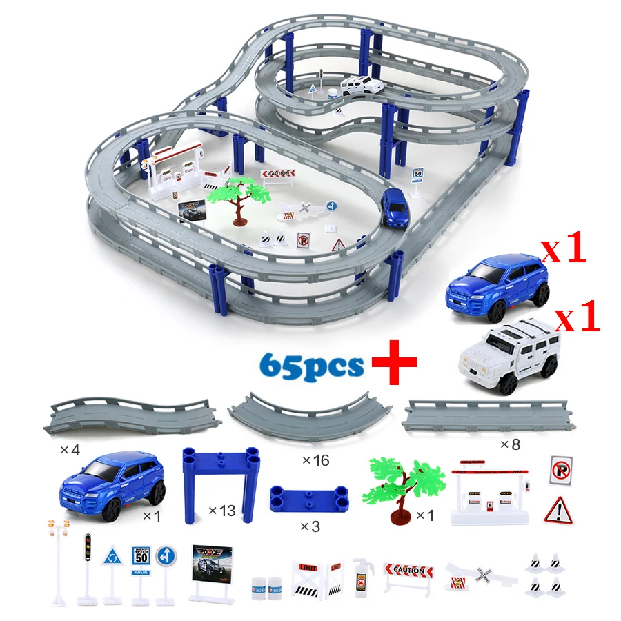 DIY multi-track Rail автомобильный Строительный блок Набор железнодорожных поездов, спиральный трек горки электрические автомобильные развивающие сборочные игрушки - Цвет: 65 pcs with 3 cars