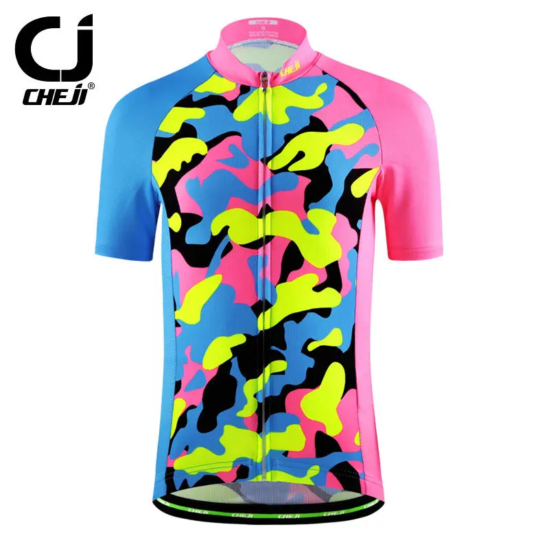 Pink CHEJI Girls Cycling Jerseys Reflective Bicycle Shirts Cycle Wear