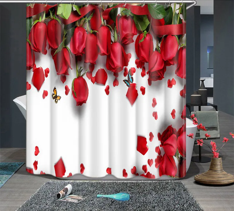 Meijuner, 3D, для ванной комнаты, красная роза, водонепроницаемая ткань, занавеска для ванной, для спальни, на День святого Валентина, для свадебной вечеринки
