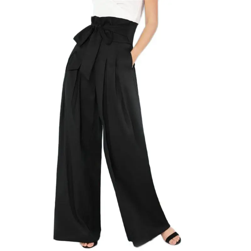 

Self Belted Box Pleated Palazzo Pants Women Solid Elegant Loose Long Pants 2019 Fall Casual Ginger High Waist Wide Leg Pants
