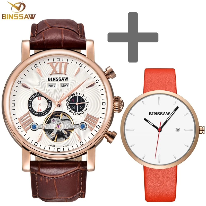 

BINSSAW Men Tourbillon Automatic Mechanical Watch Luxury Fashion Casual Brand Leather Self-Wind Men Women Lovers Set Watches