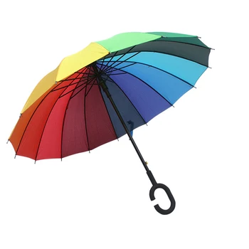 

Rainbow Reverse Umbrella For Women Long-handle Waterproof Inverted Umbrellas Colorful C Handle Anti-UV Sunscreen Parasol