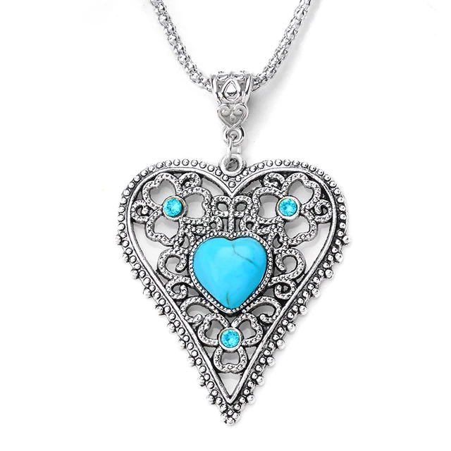 SHUANGR Blue Stone Heart Pendant Silver Color Chain Vintage Heart Love Necklaces Women Bohemian