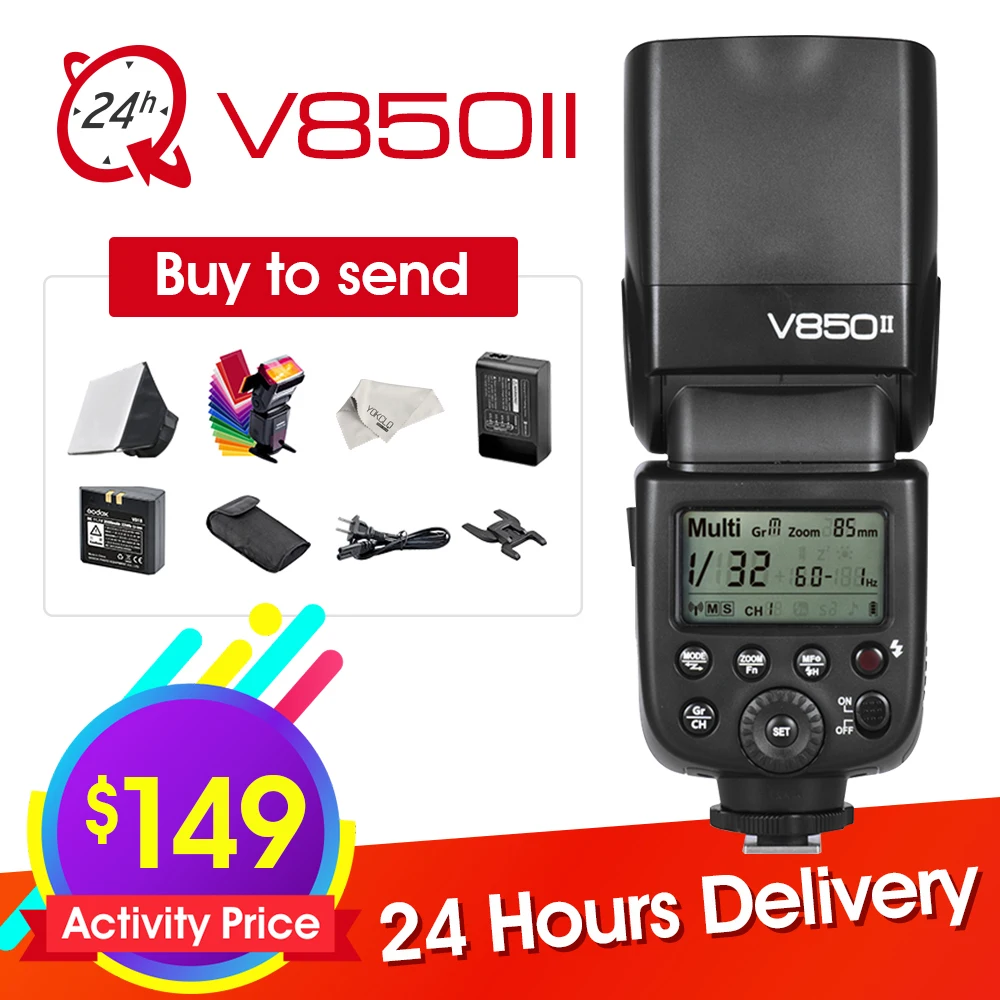 

Godox V850II GN60 2.4G wireless X System Speedlite Li-ion Battery Flash Light with Car Charger for Canon Nikon Sony Camera