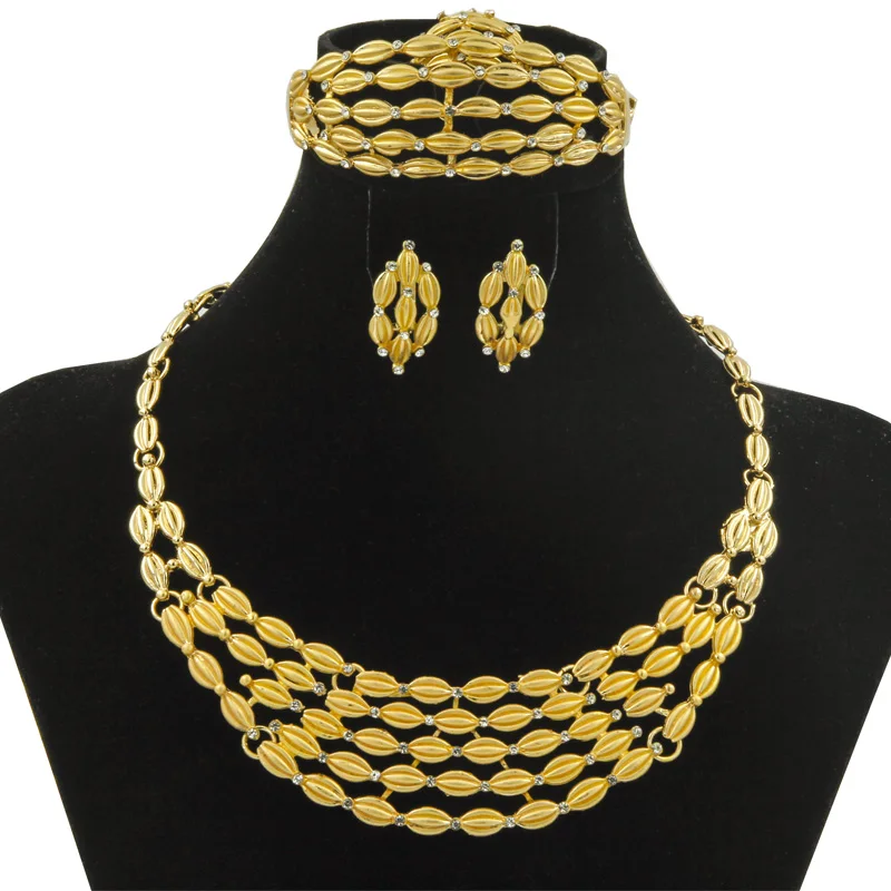 

2017 Italy African Exquisite Fashion Golden Crystal Wheat Pattern Necklace Fashion Jewelry Set Lady Wedding Jewelry Set