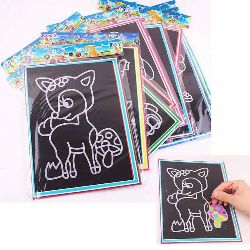 

10pcs/lot 13*9.5cm Cartoon pattern Scraping Drawing Toys children hand-painted DIY graffiti book Magic Color Paper Cards