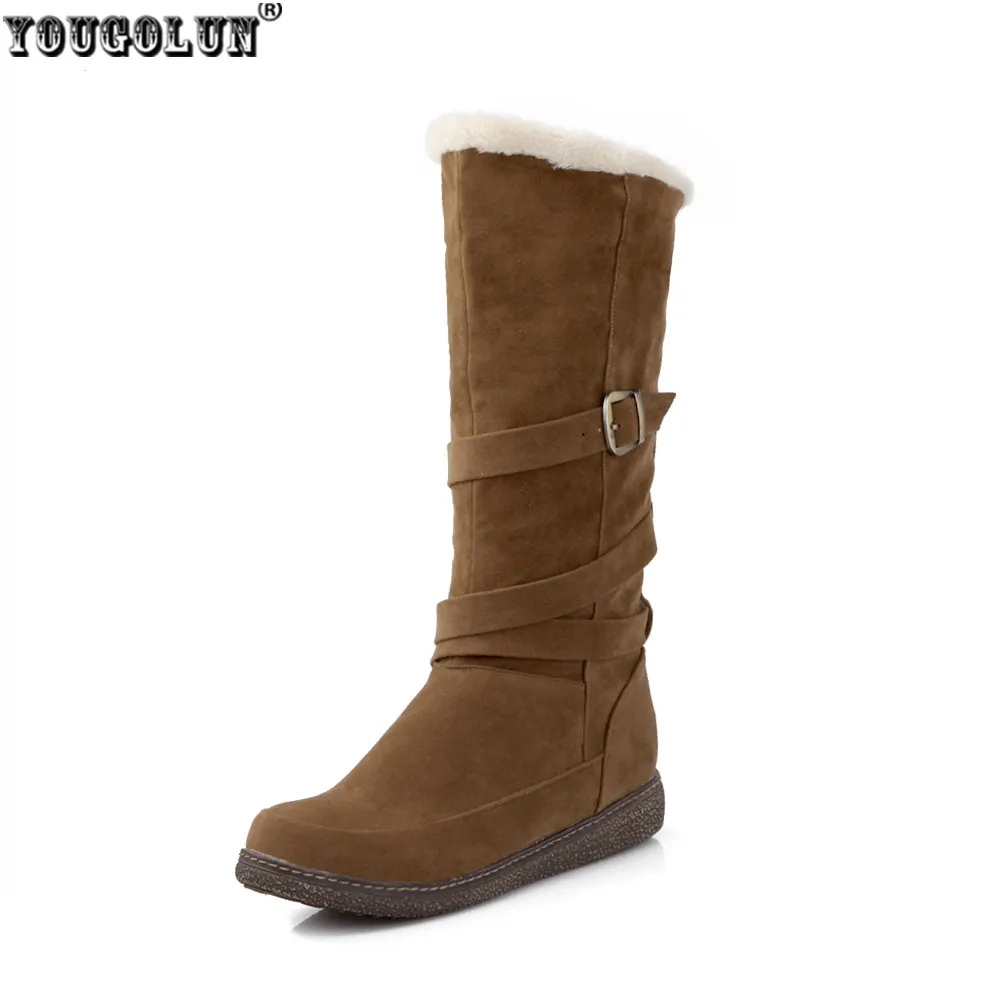 

YOUGOLUN woman fashion buckle mid calf boots womens thick plush warm snow boots women half knee nubuck flat shoes ladies flats