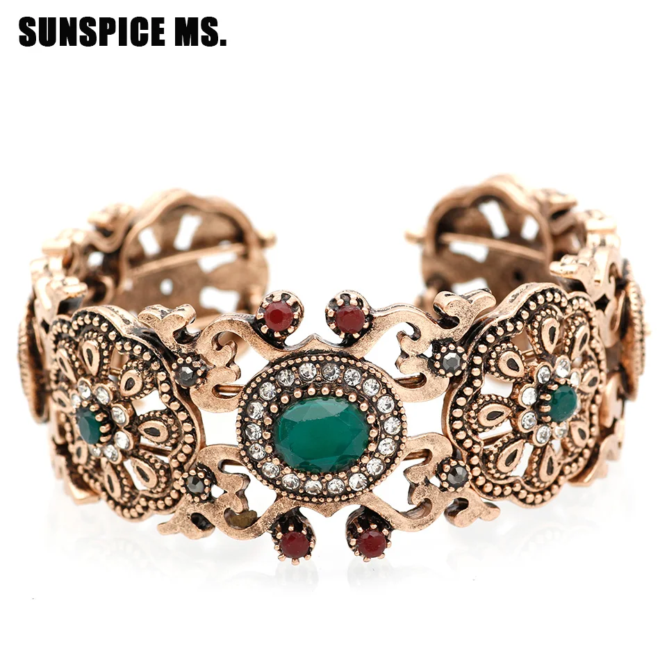 

SUNSPICEMS Vintage Turkish Women Bangle Flower wrist Cuff Bracelet Pulseiras morocco ethnic wedding jewelry retro gold color