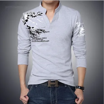 

New Fashion Print Slim Fit Long Sleeve T Shirt Men Tee V-Neck Casual Men T-Shirt Cotton T Shirts Plus Size