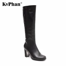 KvPhan Motorcycle Genuine Leather Boots Autumn Winter Round Toe Platform Shoes Women Fur Warm Winter Knee