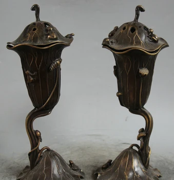 

song voge gem S2006 14" Chinese Dynasty palace Bronze lotus flower leaf Incense Burner Censer Pair