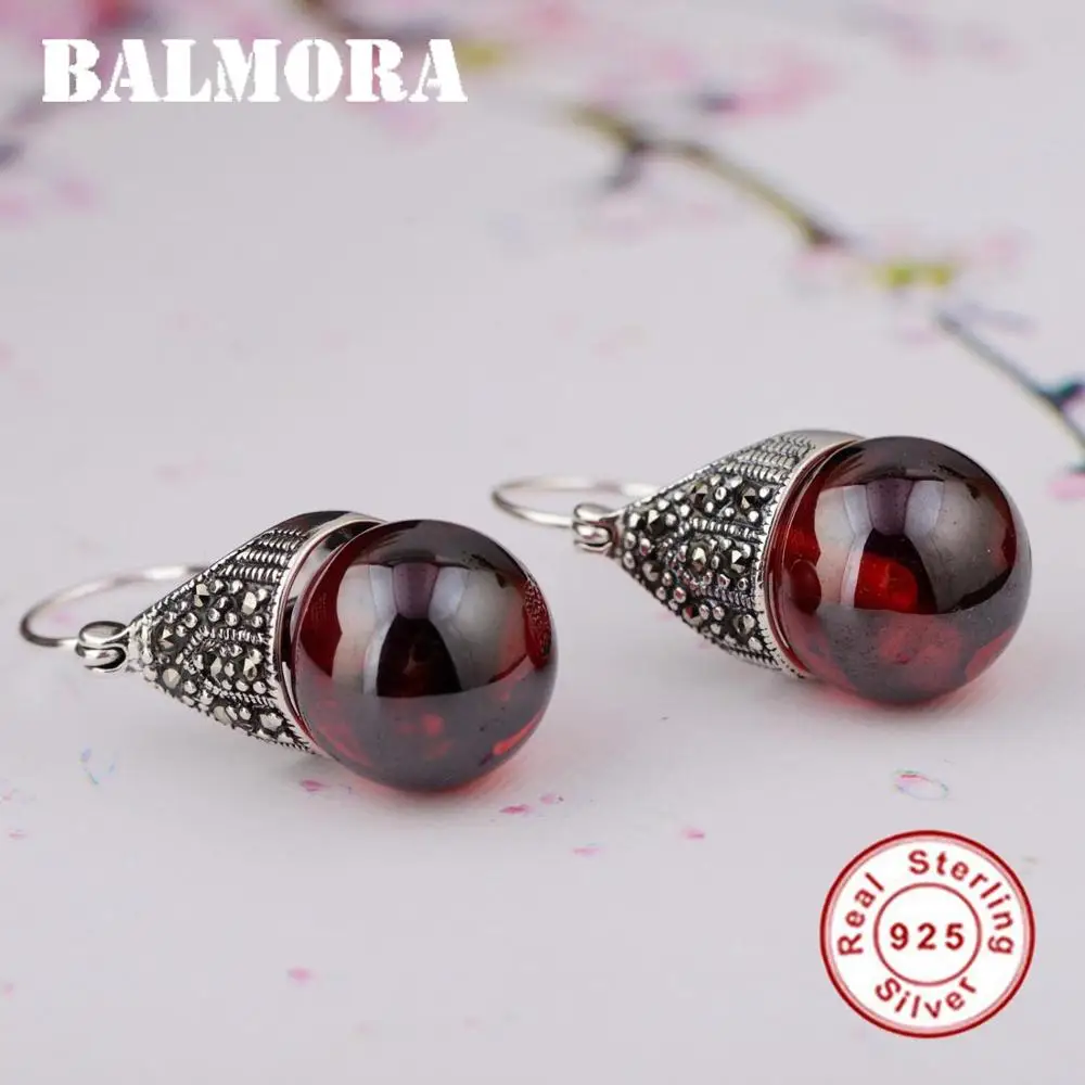 

BALMORA Real 925 Sterling Silver Retro Mosaic Earrings for Women Mother Special Gift Red Zircon Elegant Fashion Jewelry Brincos
