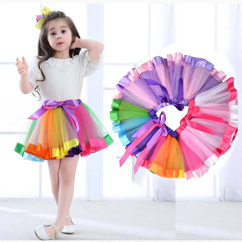 2 8Years Baby Girl Rainbow Skirt TuTu Skirt Kids Stage Costumes Lace